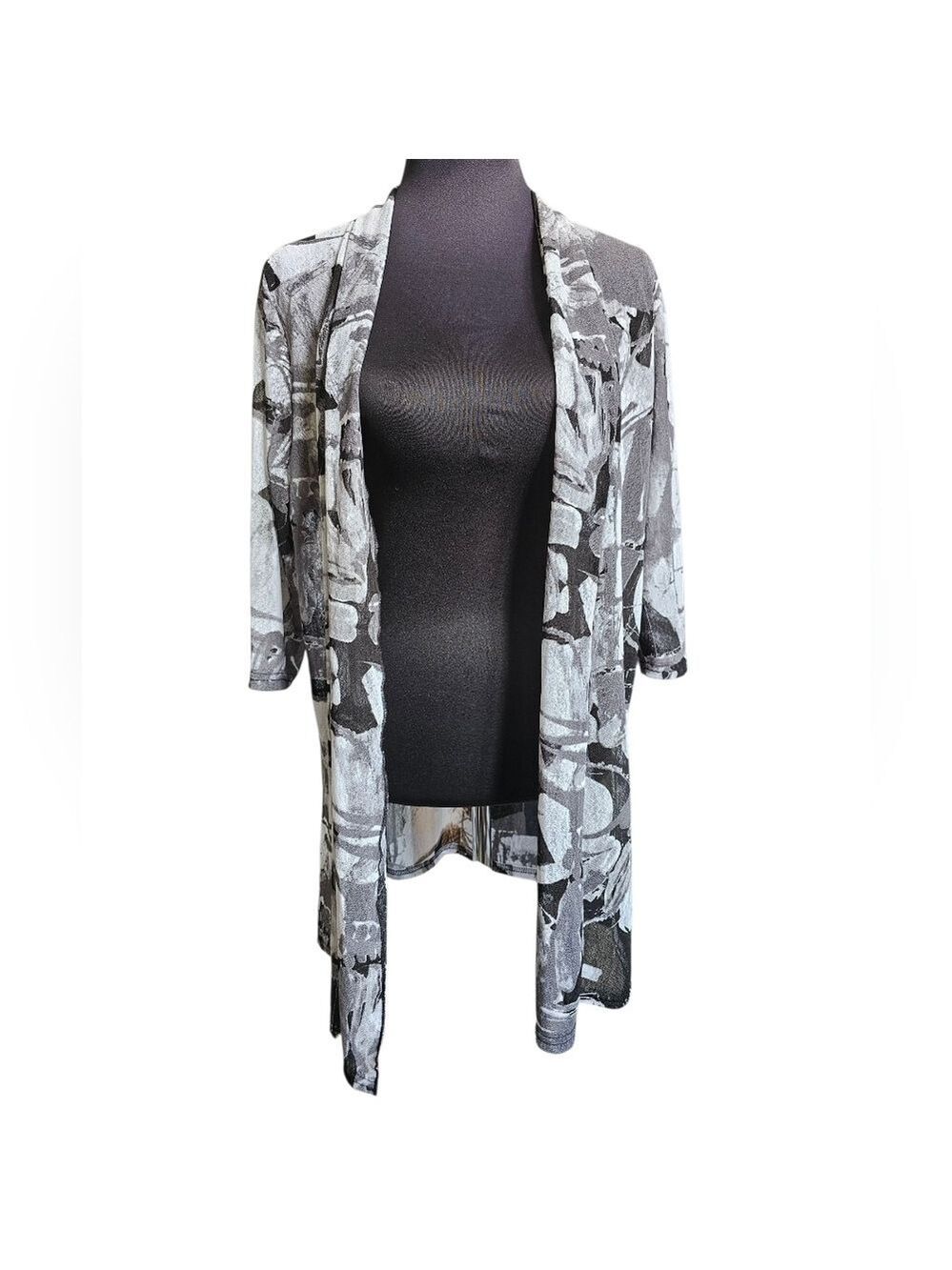 CREATION 3/4 Sleeve Black & Gray Open Front Cover Up Cardigan Size XL NWT